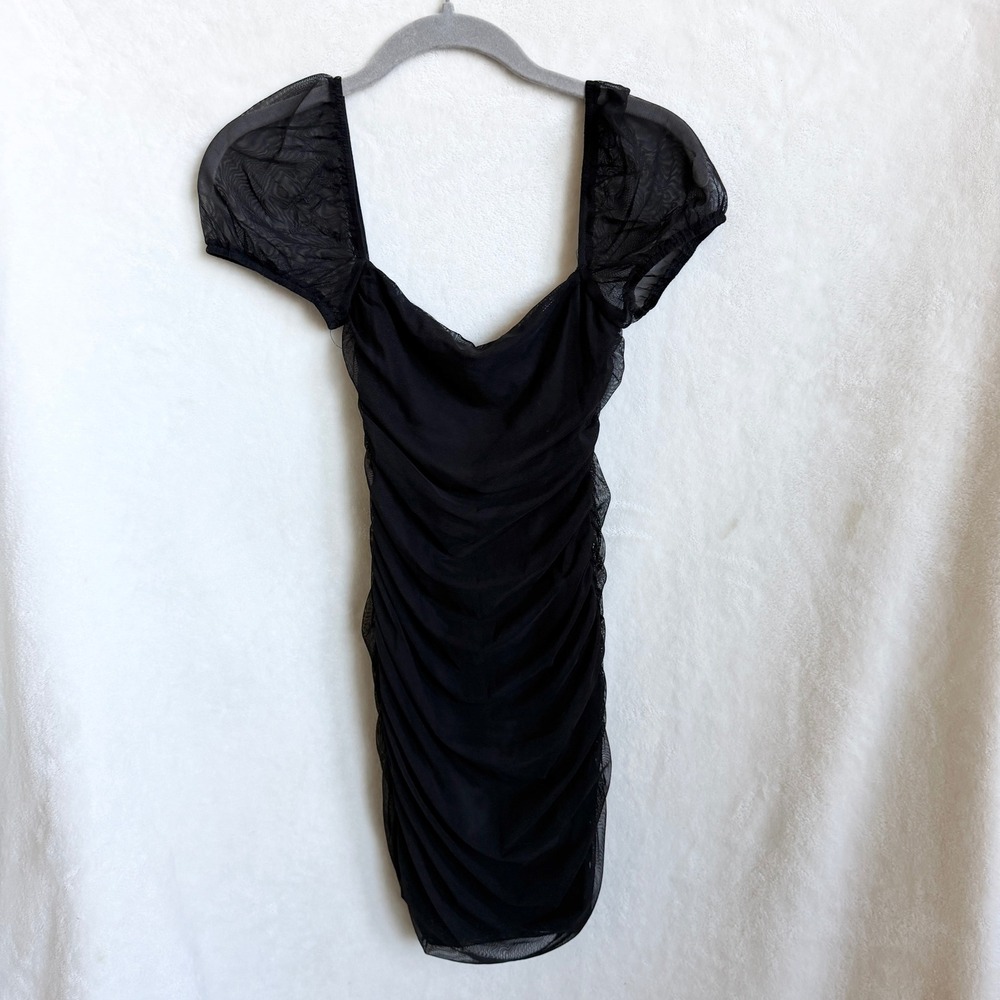 Princess Polly Womens Black Lace Mesh Sleeve Ruched Bodycon Mini Dress Size 2